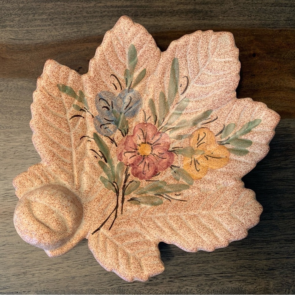 Vallauris Signed Pottery Leaf Shaped Handpainted Flowers Handmade France Vintage